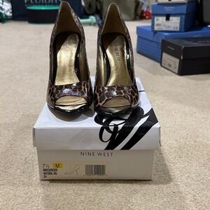 Nine West Brown Leopard Peep Toe Heels